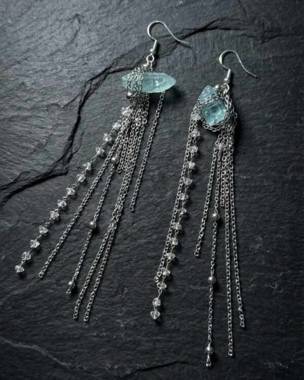 Silver long earrings. Brutal raw kvarc medusa.